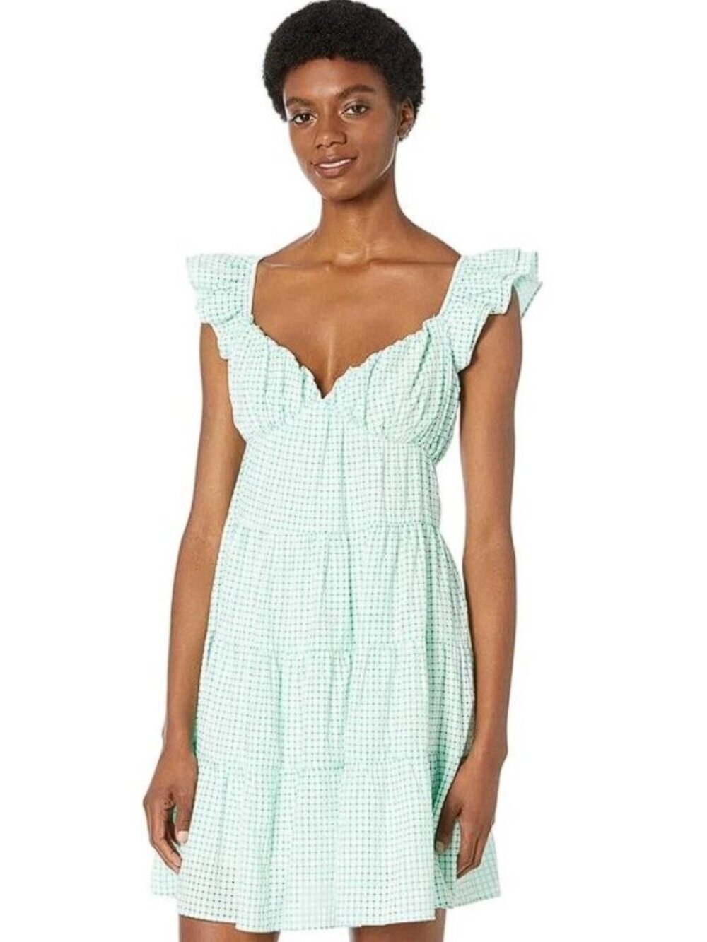 ENGLISH FACTORY Women's Green and White Gingham Babydoll Minidress Size XS